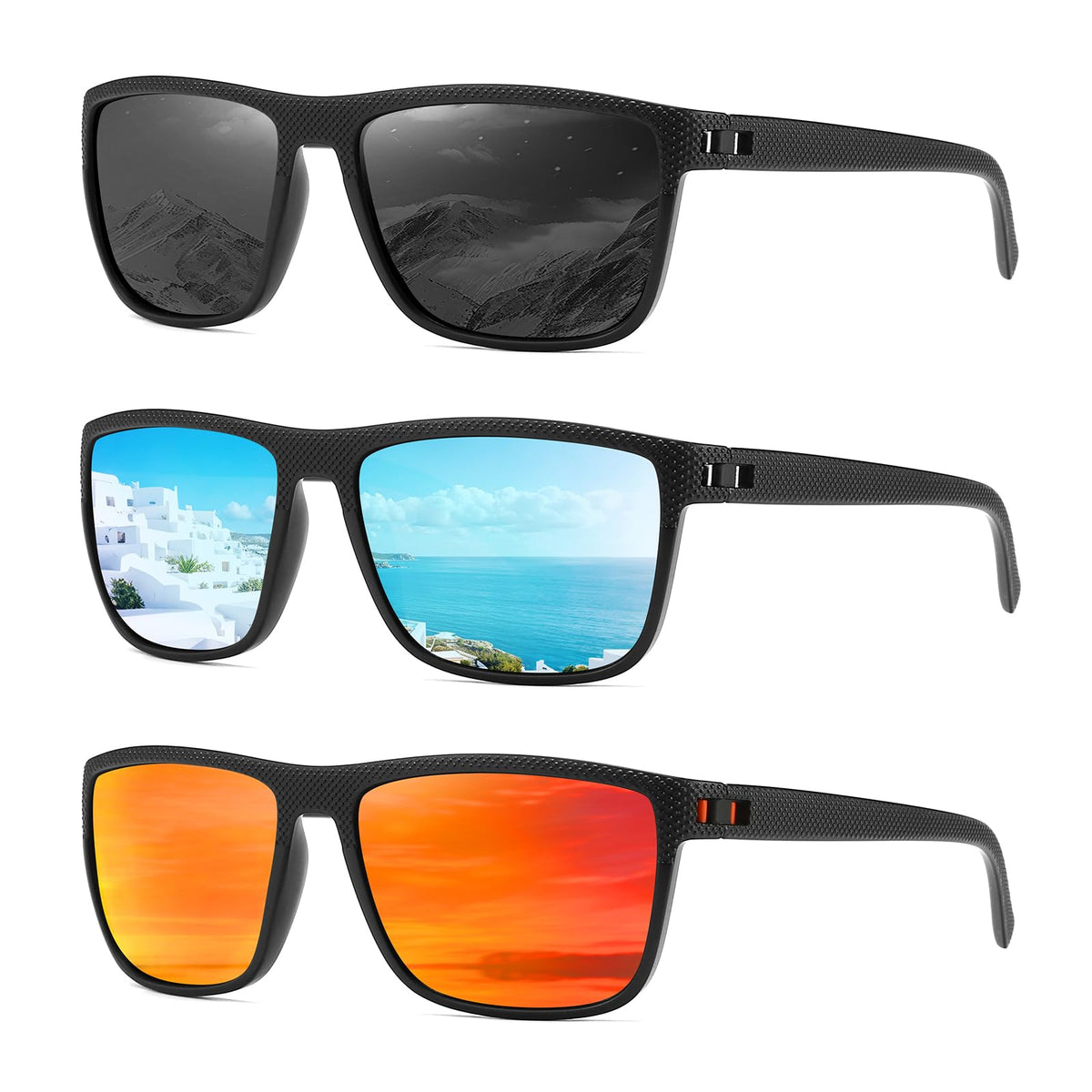 MASDUN Polarized Sunglasses for Men and Women Square Sun glasses UV Protection For Driving Fishing Golf (3 Pack) (Black/Ice Blue/Silvery)