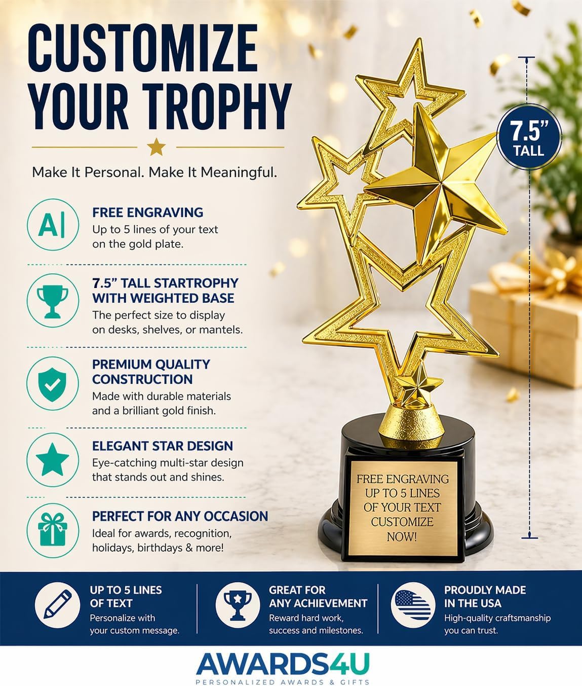 Awards4U Gold Star Custom Trophy - 7.5 Inches Tall Rising Star Trophy Award with Customizable Engraved Plate - Personalized Star Trophies for Employee of the Month Recognition or Fantasy Football