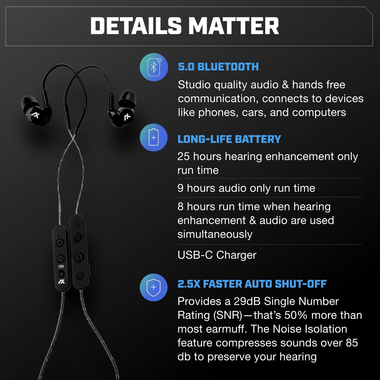 Axil GS Extreme 2.0 Shooting Ear Buds – Hearing Enhancement & Noise Isolation Bluetooth Earbuds – w/Dynamic Speakers – 25-Hour