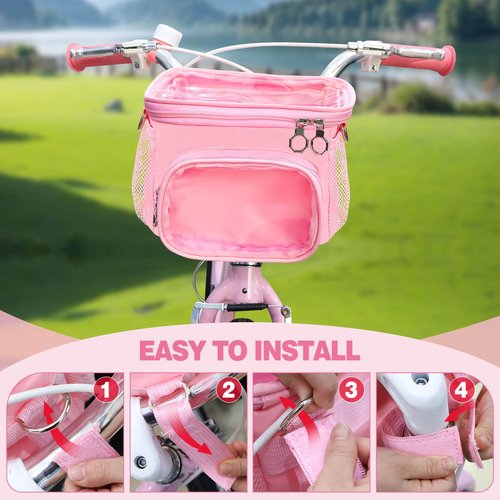 Girls Bike Basket Front, Pink Bicycle Handlebars Basket Fit Most Kids Tricycle Balance Bikes Knee Scooter, Kids Bike Accessories Scooter Bag with Adjustable Shoulder Strap Gifts for Girls