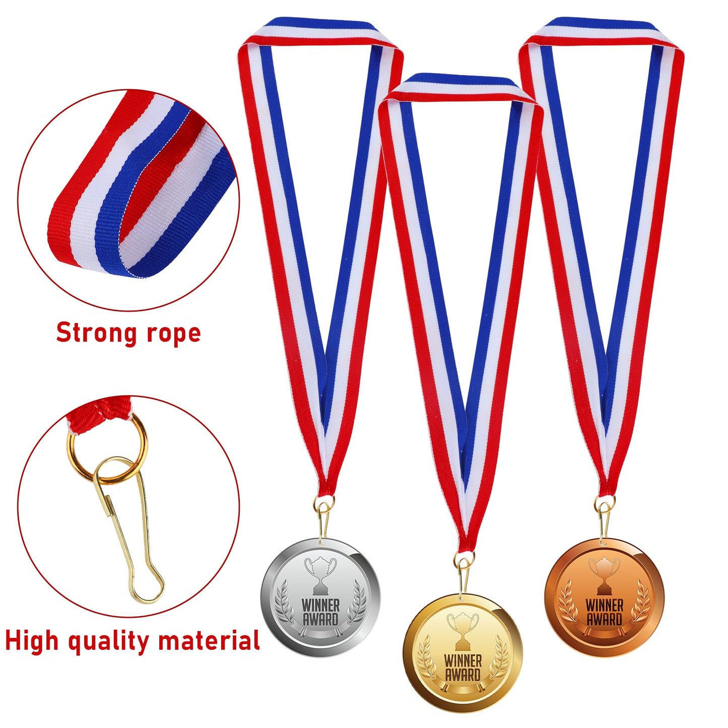 20 Pieces Award Ribbons, Red White Blue Medal Ribbons with Snap Clips Classic Striped Medal Lanyards Flat Lanyard Medallion Holder for Competitions Meeting Sport Party Student Awards