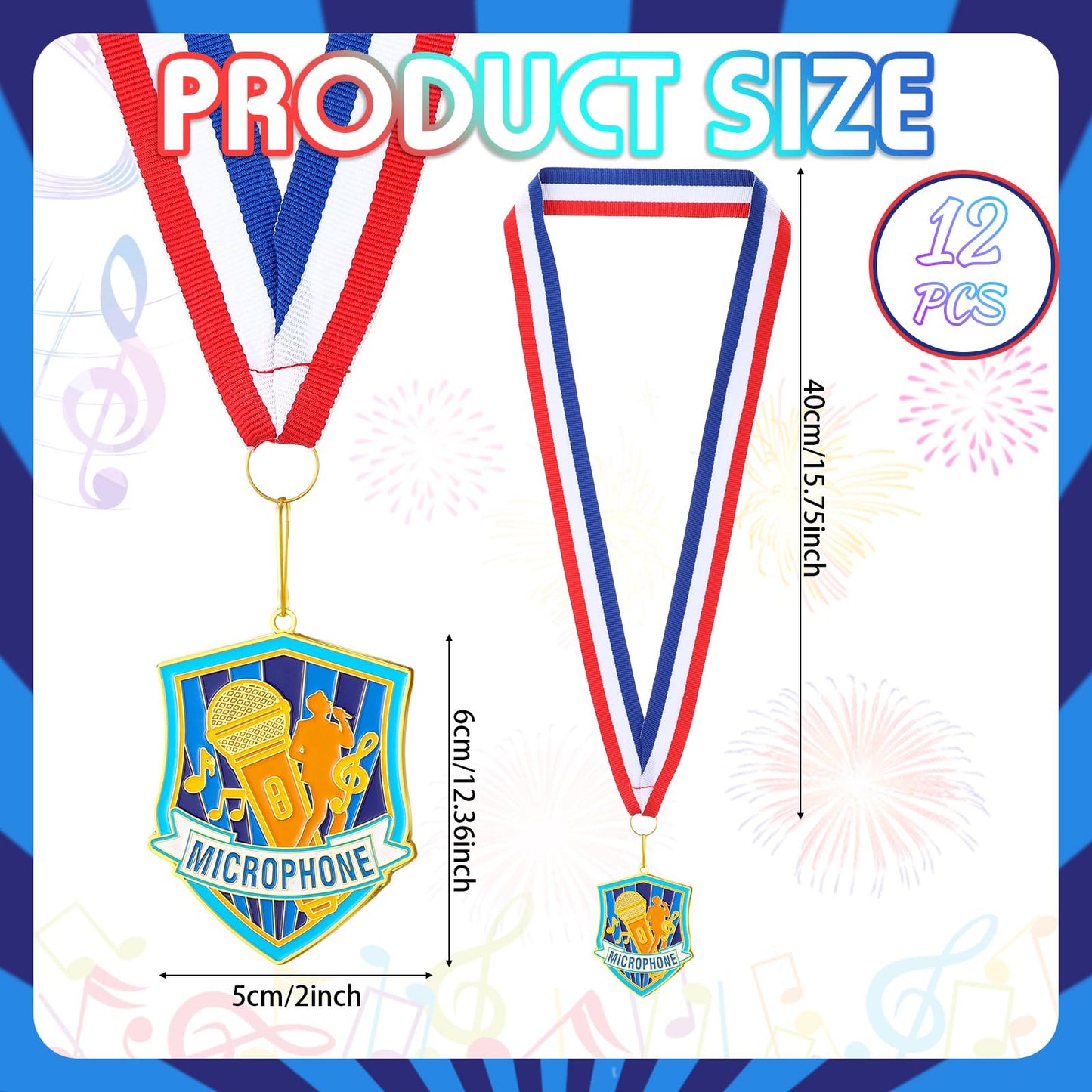 Loetere 12 Pcs Award Medals with Neck Ribbons 2.4 Inch Winner Medals Bulk Metal Award Prizes for Talent Shows Academic Competitions Tournaments Team Events(Microphone)