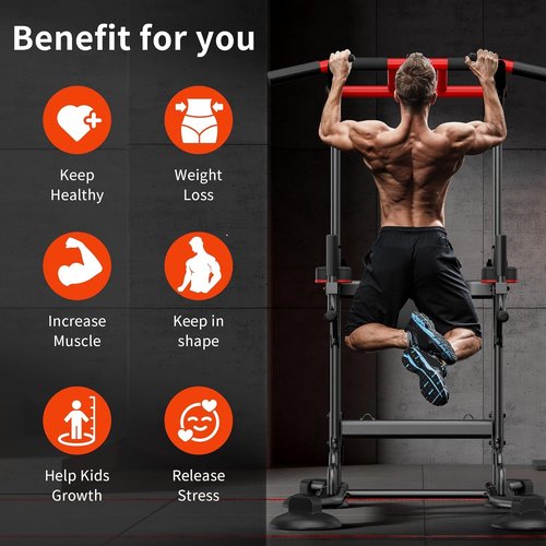 SogesHome Multifunctional Dip Stand Station, Heavy Duty Adjustable Pull Up Bar & Push Up Handles for Home Gym, 330LB Capacity Strength Training Fitness Equipment for Arms, Core, Whole Body, Black/Red