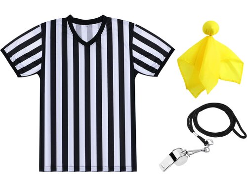SATINIOR Men's Official Uniform Black and White Stripe Pro-Style Neck Referee Shirt, Officiating Umpire Jersey and Stainless Steel Whistle with Lanyard for Halloween Basketball Football Soccer(XL)