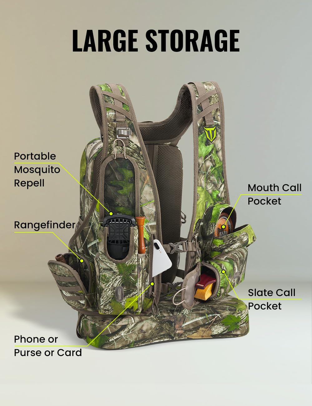 TIDEWE Vest with Seat, Lightweight Vest with Multi-Compartment Storage, Form-fitting Portable Backpack with 11 Adjustable Straps (Truetimber HTC Green)