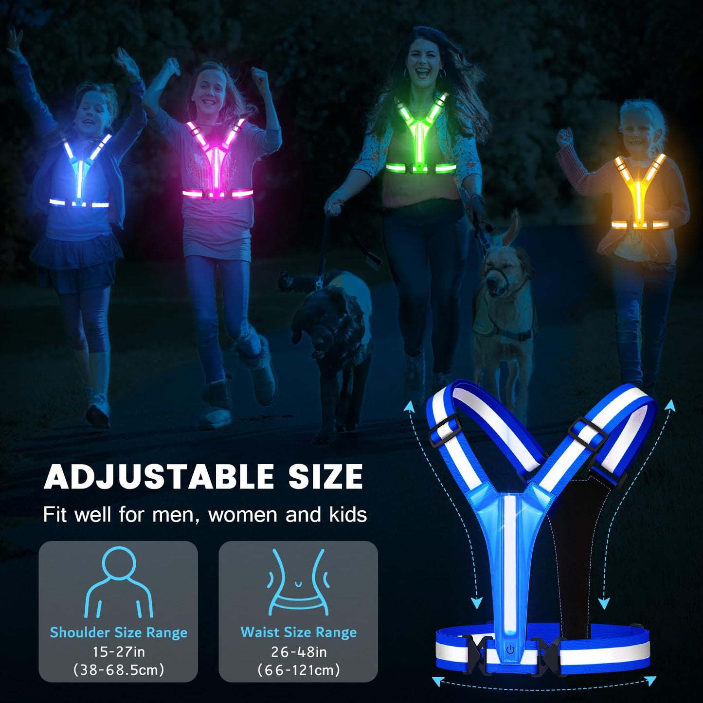 Fokia Kunbio LED Reflective Running Vest Gear,Light Up Vest Runners Night Walking USB Rechargeable,Up to 11hrs Light with Adjustable Waist/Shoulder for Women Men Kids (Blue)
