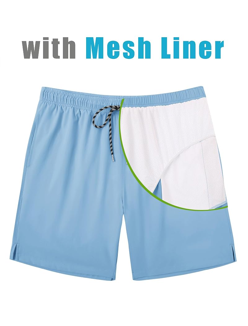 Sky Blue 7-Inch Swim Trunks with Mesh Liner - Quick-Dry Men’s Bathing Shorts, COOFANDY, Large