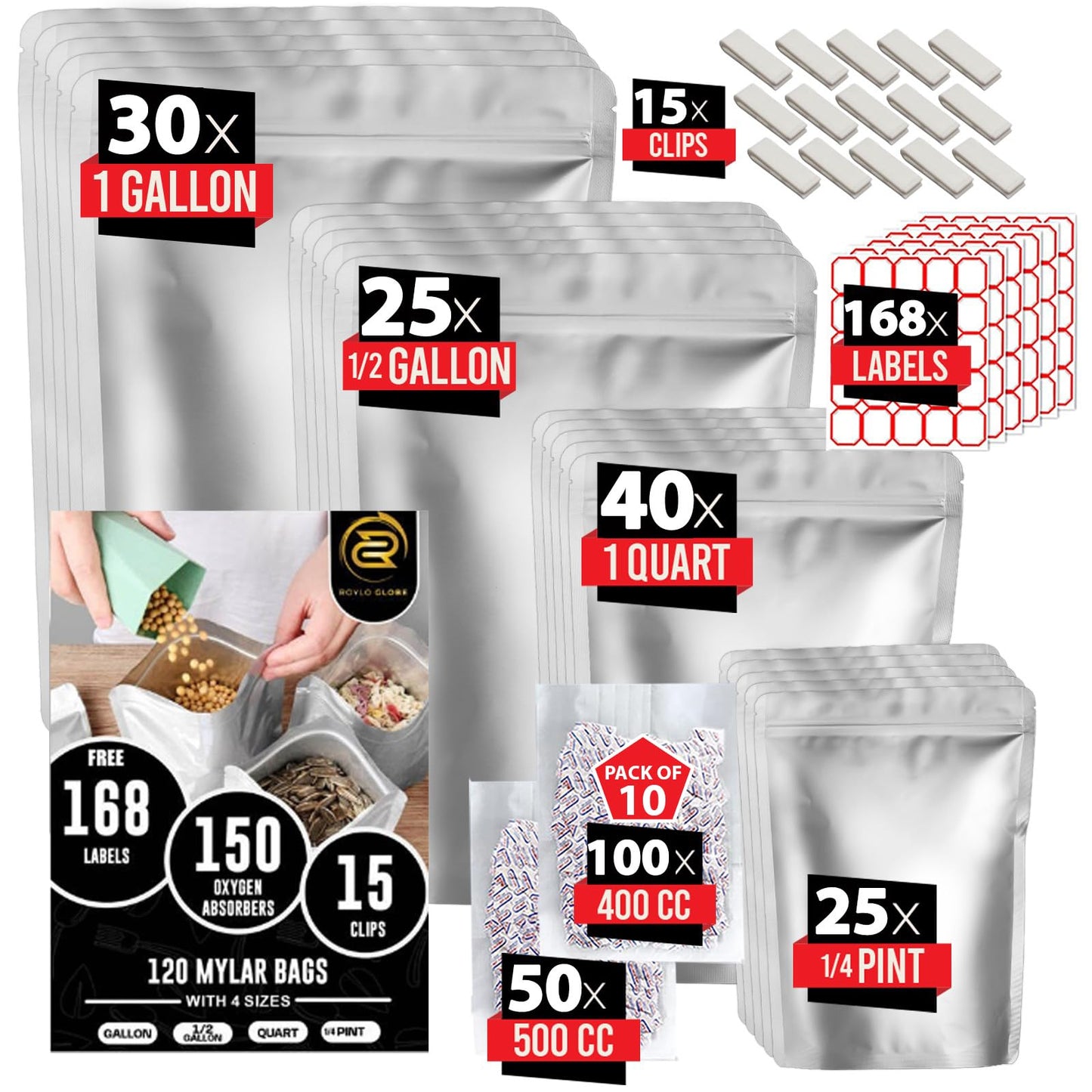 120 Mylar Bags with 150 Oxygen Absorbers-168 Labels & Stand-Up Reusable 4 Sizes Airtight Smell Proof Resealable Bags with 15 Clips-11 MIL Food Storage Large Mylar Bags