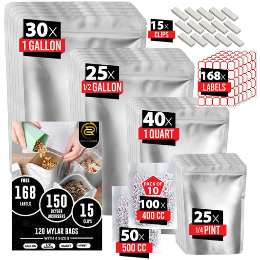 120 Mylar Bags with 150 Oxygen Absorbers-168 Labels & Stand-Up Reusable 4 Sizes Airtight Smell Proof Resealable Bags with 15 Clips-11 MIL Food Storage Large Mylar Bags