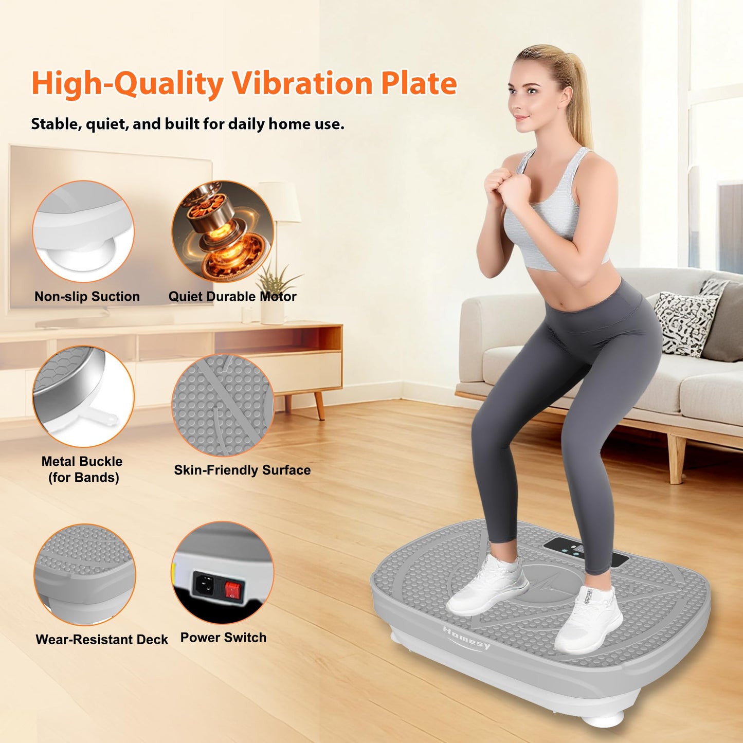 Homesy Vibration Platform Exercise Machine – Whole Body Workout, Fat-Burning & Lymphatic Support, Includes Remote and Resistance Bands, Shake Plate for Home Fitness and Fat Burning for Women Men, Grey
