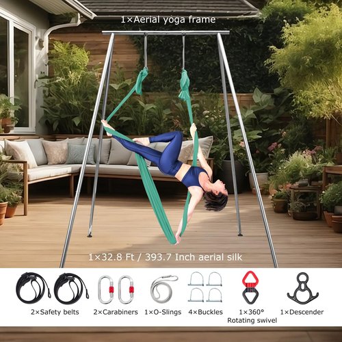 Adjustable Height Aerial Yoga Frame with Yoga Hammock, 18 FT/33 FT Aerial Silk, 550 lbs Max Capacity (FRUIT GREEN, 18FT Aerial Silk)
