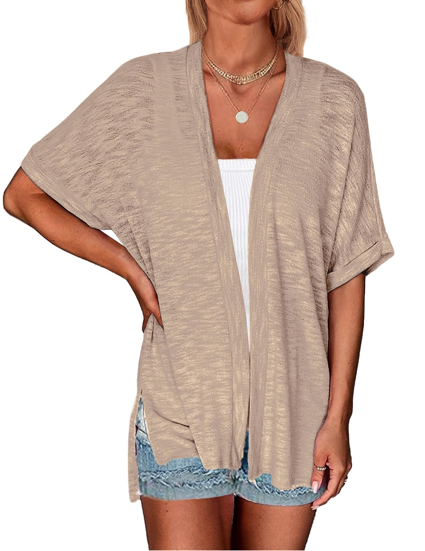 Yekaty Summer Cardigan Sweaters Short Sleeve Kimono Light Jackets for Women Cover Ups for Dresses Khaki