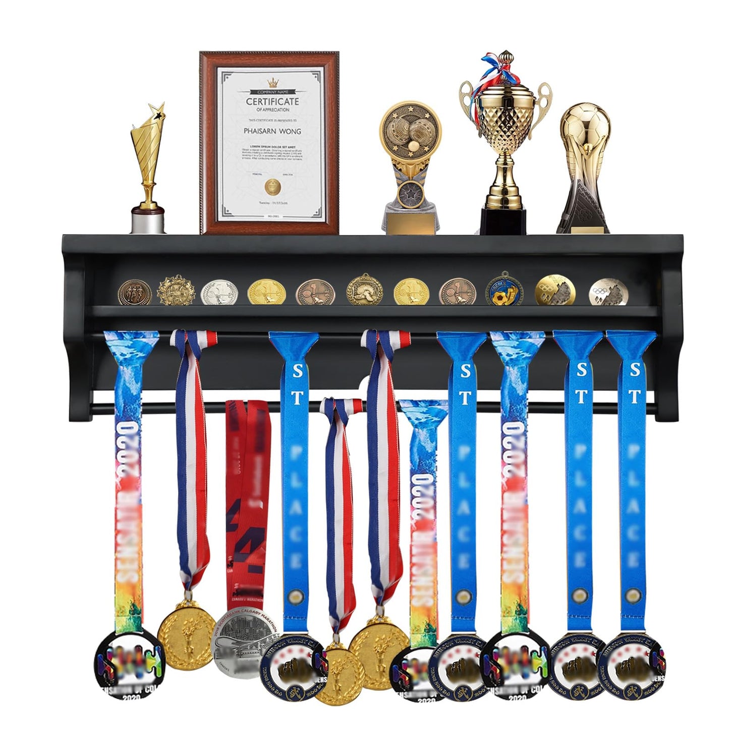 IHEIPYE Solid Wood Medal Hanger Display Shelf, Wall Mount Medal Rack Display Holder for Runners, Marathon, Race Winner, Soccer, Football, Gymnastics & All Sports - Black