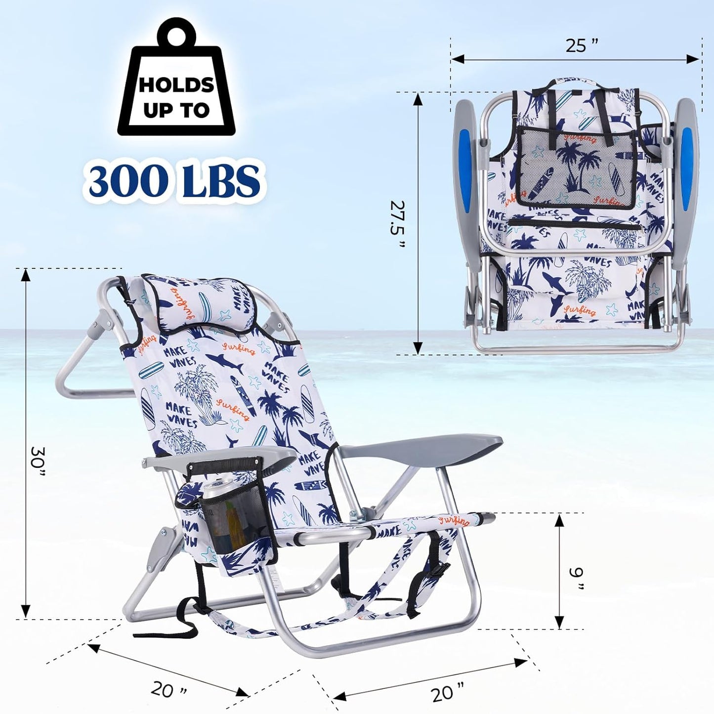 2 Pack Lightweight Portable Camping Beach Chair for Adults, Outdoor Lay Flat Folding Beach Chairs with 5 Positions, Backpack Beach Chair with Towel Bar, Zipper Pouch, Cup Holder, Ocean Striped