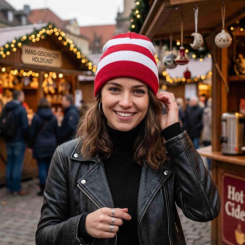 Unisex Striped Knit Beanie Hat - Red/White, One Size (Variation of THIS listing)