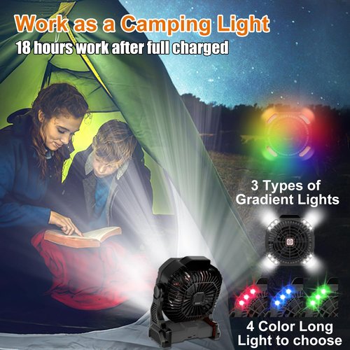 Sugoiti Portable Camping Fan 20000mAh Rechargeable Battery, 4-Speed Quiet Cooling Blower with LED Lantern, 4 Timing, Hanging Hook for Outdoor Picnic Tent Beach Fishing Black