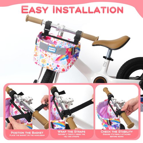 YOKWER Kids Bike Basket Front for Boys Girls, Waterproof Bicycle Front Basket Handlebar Bag with Reflective Safety Straps, Easy to Install Kids Bike Scooter Accessories (Pink Flower)