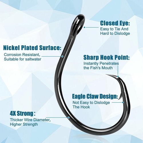 9KM DWLIFE Fishing Hooks Circle Hooks 25pcs 4X Strong Fish Hook,High Carbon Steel Non-Offset Closed Eye Wide Gap for Catfish Striped Bass Salmon Fresh and Saltwater 2/0