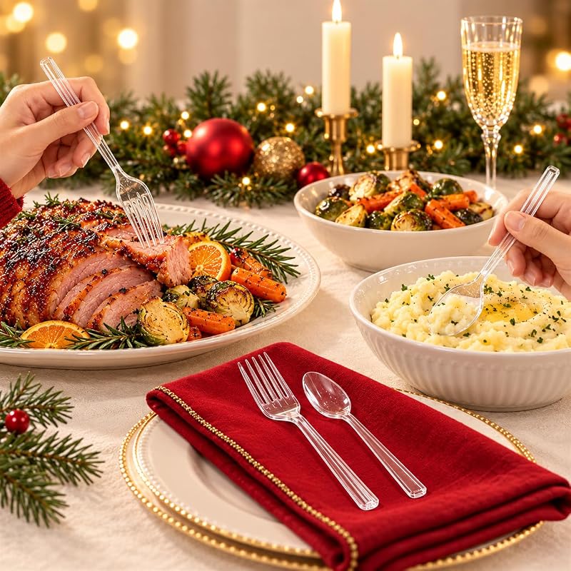400pcs Clear Plastic Forks & Spoons - Heavy Duty Disposable Utensils, Crystal Clear 7" Forks & 6.5" Spoons, Includes 200 each (Variation of THIS listing: 400pcs Clear Plastic Forks and Spoons)