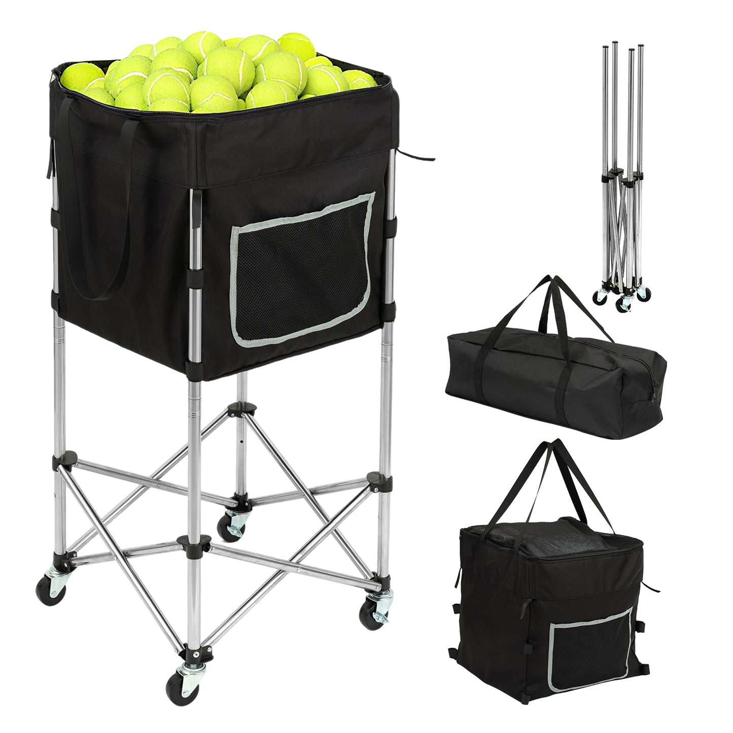 TaiAlphayi Tennis Ball Cart with Wheels & Brake (180 Capacity) – Heavy Duty Stainless Steel Frame with Detachable Washable Bag – Foldable Travel Hopper for Tennis & Pickleball, Portable Carrier