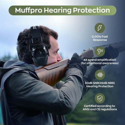 Muffpro Rechargeable Shooting Ear Protection with Sound Amplification Electronic Earmuffs for Noise Reduction, Active Noise Canceling Ear Muffs for Hunting Black