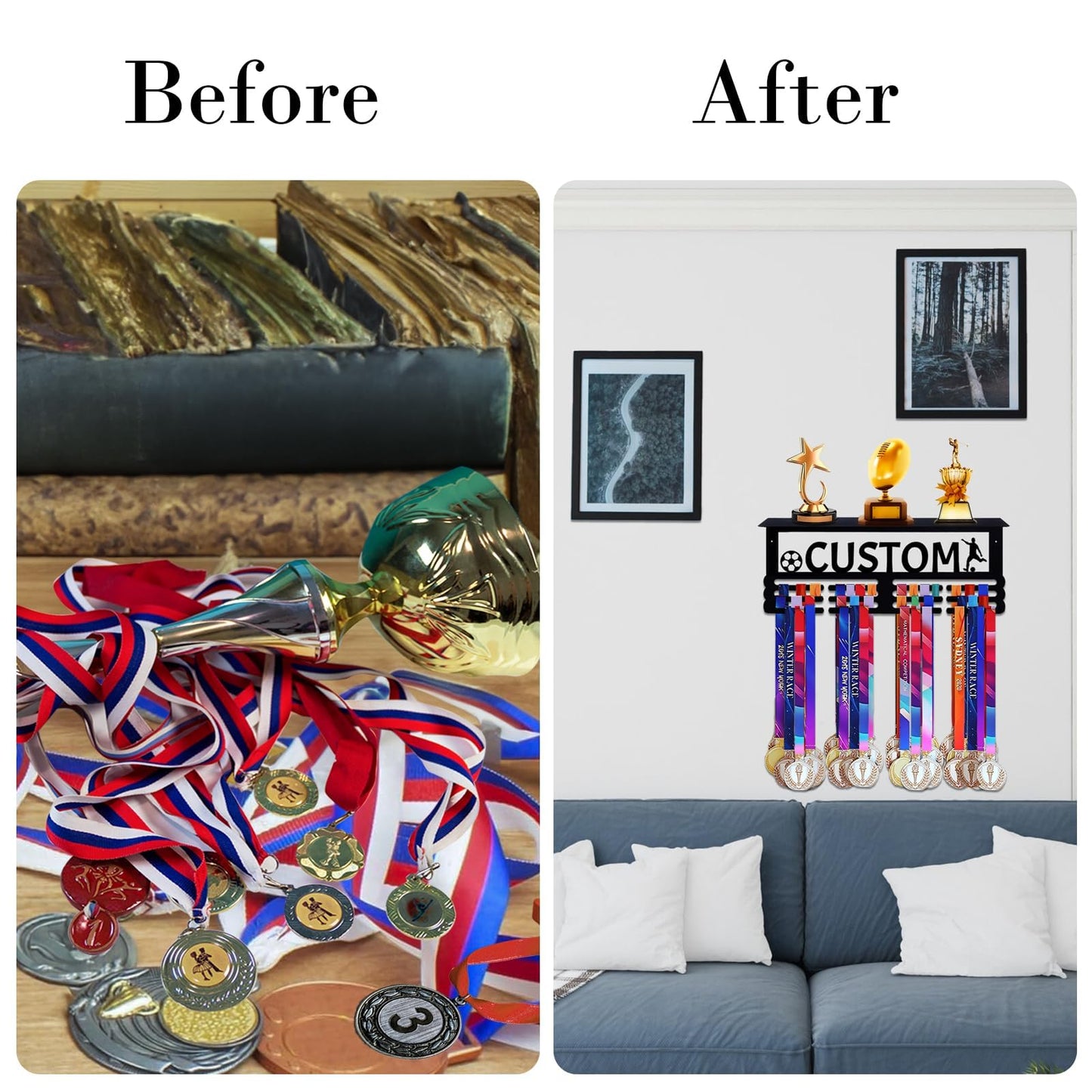 Goutoports Personalized Medal Hanger Display Rack for Awards and Trophies - Custom Metal Holder for Your Multiple Sports Race Medals - Easy to Install Basketball Medal Display Holder Ribbons Hanger