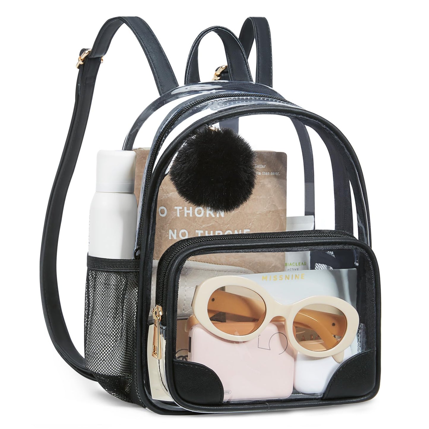 Missnine Small Clear Backpack for Stadium Events Anti-theft Mini Clear Bag for Sport Event Concert with Cute Pom-pom Ball