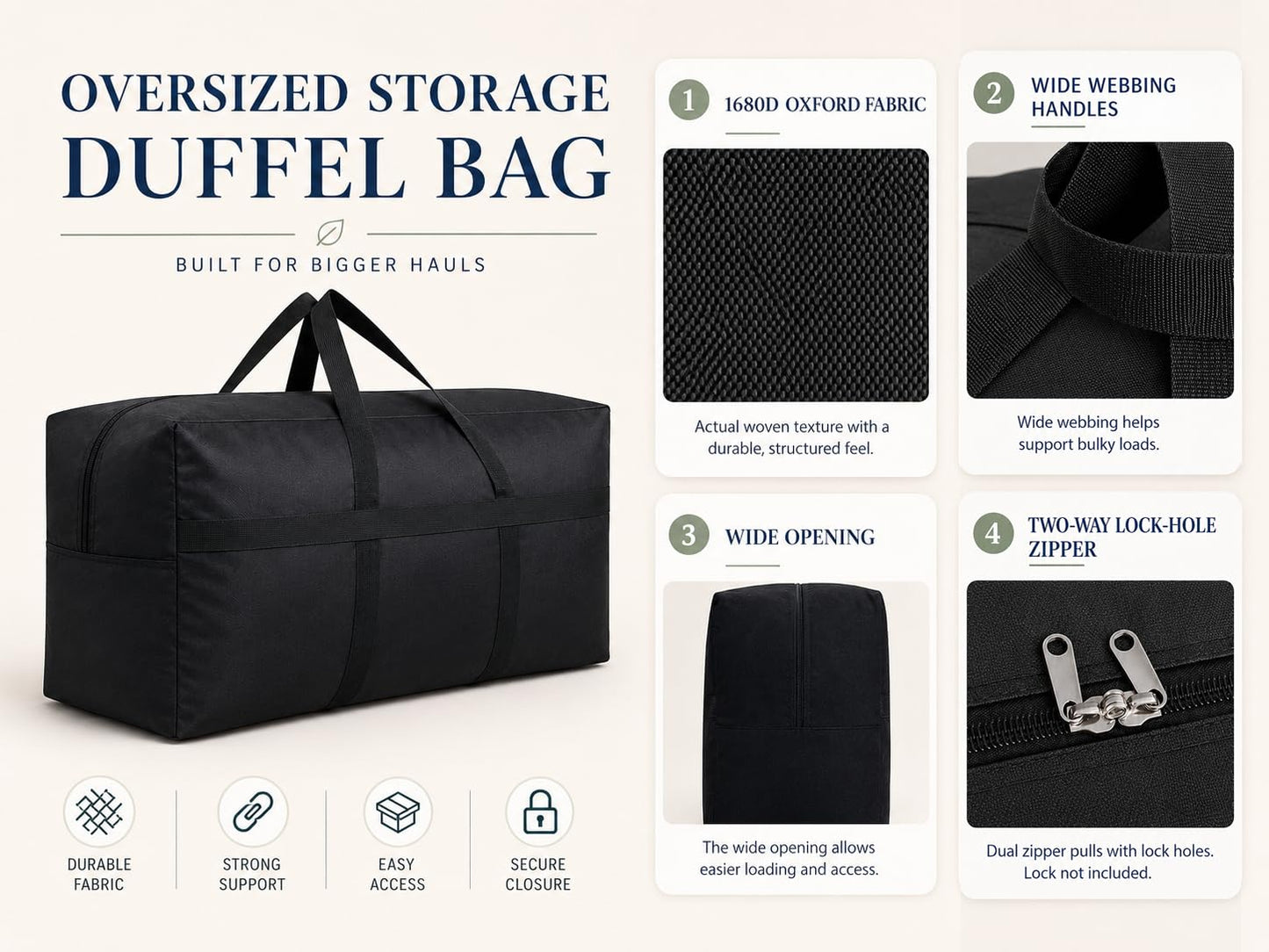 YiKitHom Extra Large Storage Duffle Bag for Travel, Black Oversized Giant Big Traveling Duffle Bag
