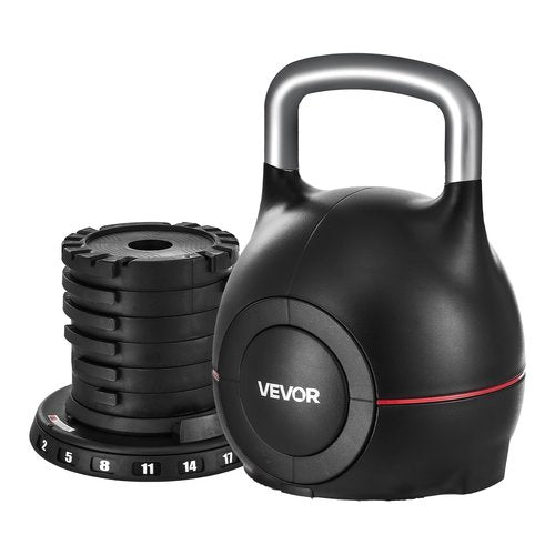 VEVOR Kettlebell, Adjustable Kettlebell with 7 Weight Levels (5, 11.5, 18, 24.5, 31, 37.5, 44 lbs), Die-Cast Aluminum and ABS Material, for Grip Strength Training, Full-body Workout & Cross-Training