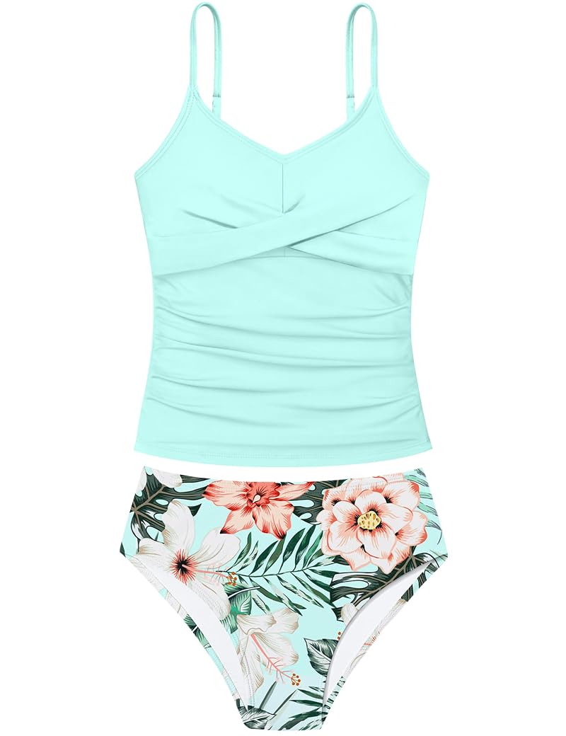 Aulyffo Girls 2-Piece Criss Cross Ruched Tankini Set - A-light Blue, 13-14 Years
