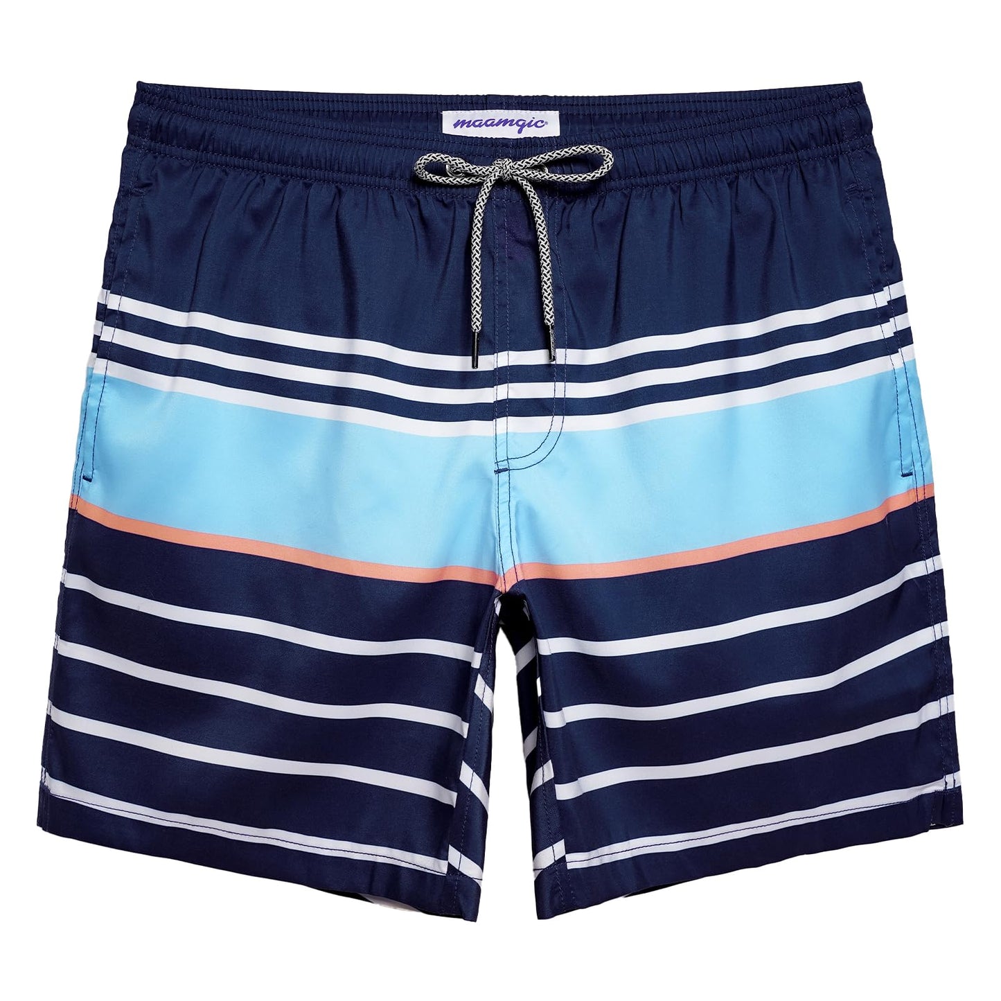 maamgic Mens Swim Trunks Quick Dry Swim Shorts with Mesh Lining Funny Swimwear Bathing Suits 7inch Striped Navy Large