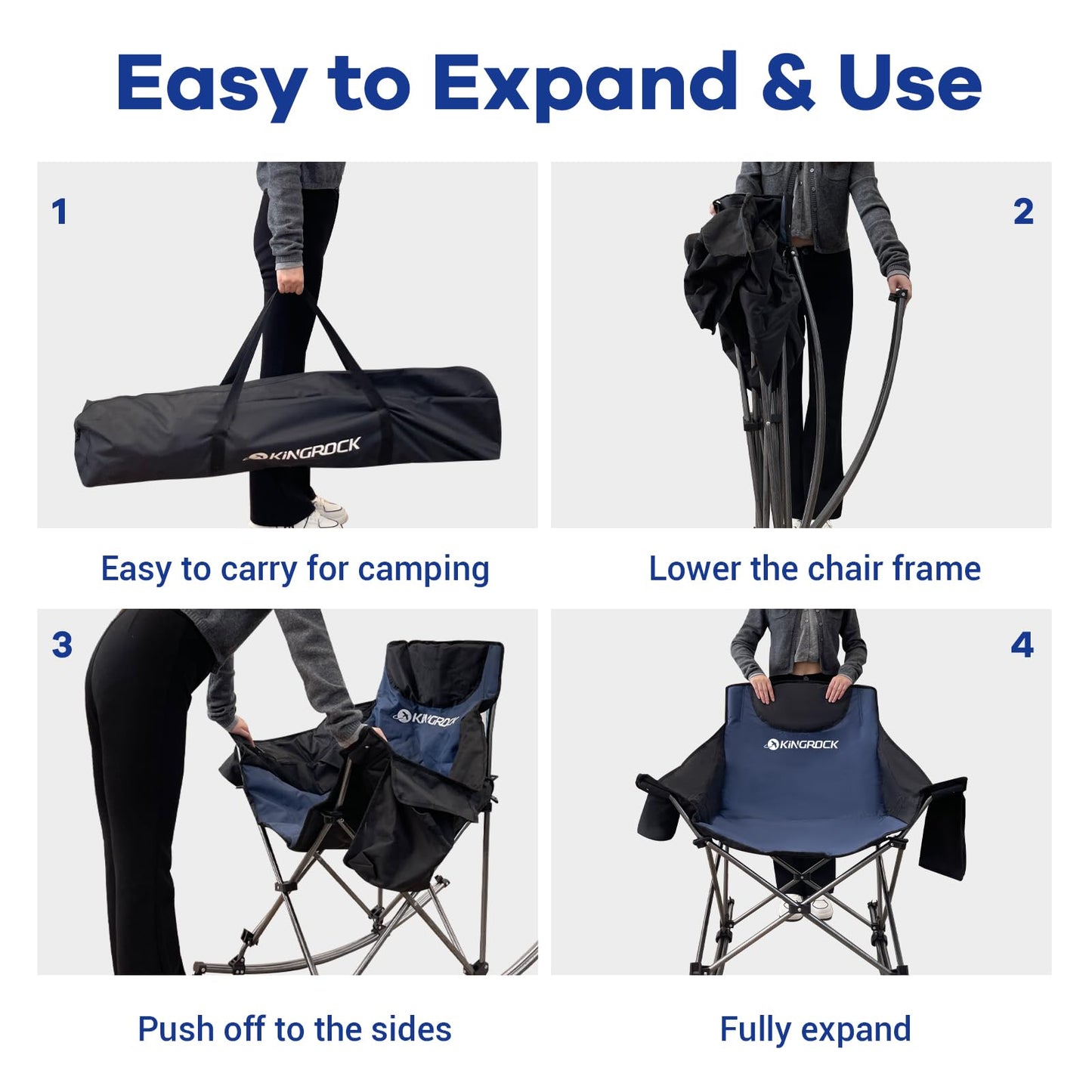 KINGROCK Oversized Rocking Camping Chair with Headrest and Carry Bag, 260LBS Capacity Folding Portable Camp Chairs for Adults, Recliner for Outdoor, Beach, Fishing, Travel, Sports Games,Purple