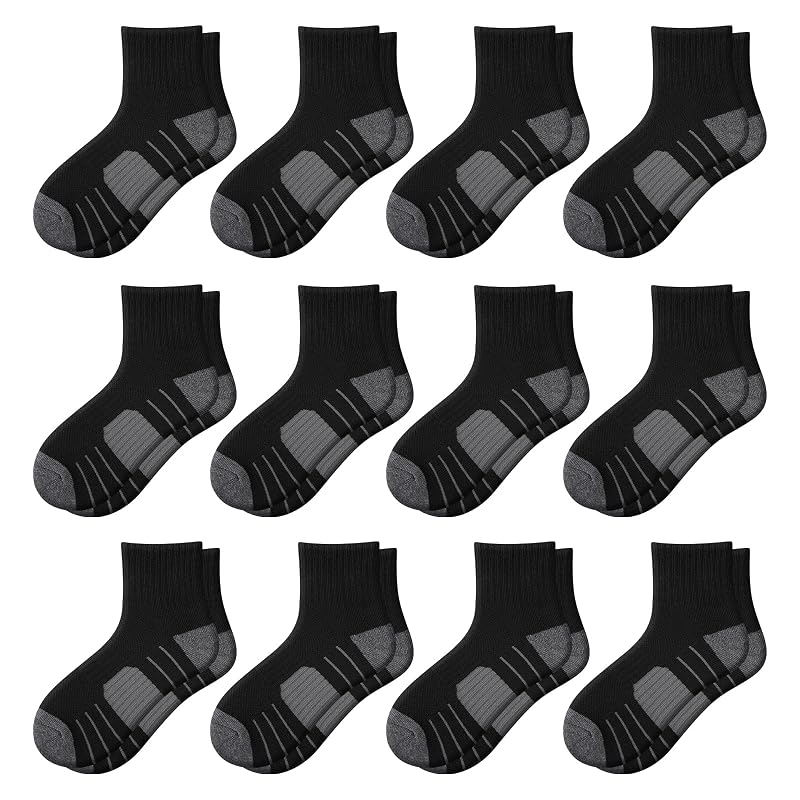 12 Pairs Boys Athletic Socks Cushioned Quarter Crew with Arch Support – Var: 12 Pairs Black, 7-10 Years
