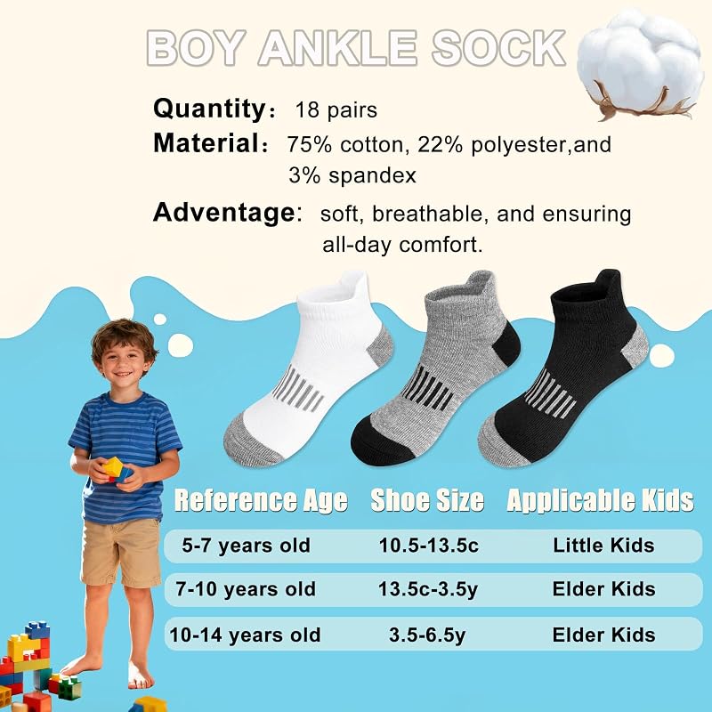 Bemeol Kids Socks 12 Pairs Ankle Socks for Boys 5-14 Years Black, White, Grey - 3 Sizes