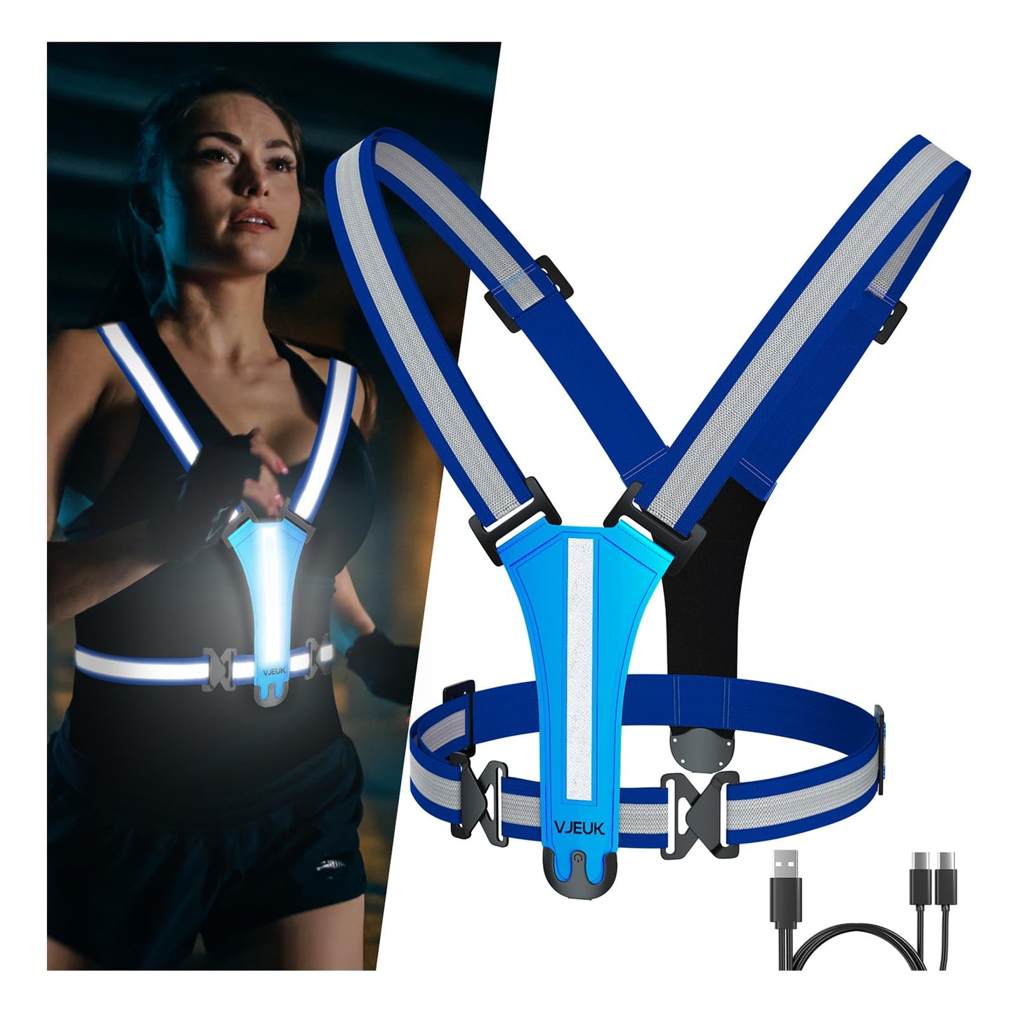 VJEUK Led Reflective Vest Running Gear，7 Lights Colors Light Up Running Vest, Rechargeable High-Visibility Adjustable Vest for Running, Cycling, and Night Activities（Blue）
