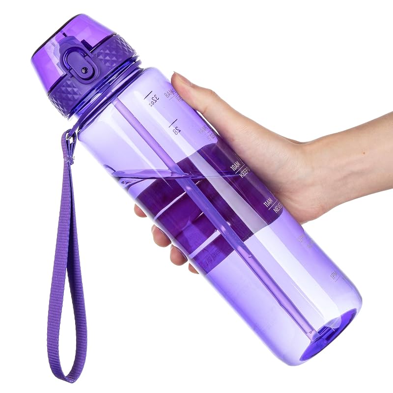 GOPPUS 32oz Clear Water Bottle with Straw & Time Marker - Deep Purple 32 Ounce