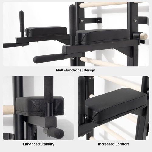 RIOWLAU Swedish Ladder Dip Bar Attachment, Fits TS003A Ladder, Wood Stall Bar for School, Physical Therapy and Gymnastics, Multi-grip (Black, 28"L x 6"W x 20"H)