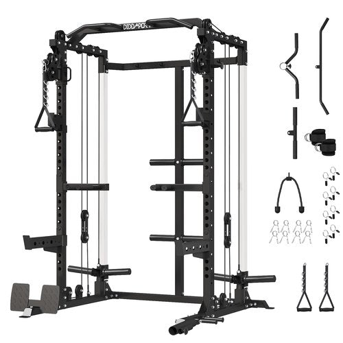 Cofiyard Power Cage, Power Rack with Dual Pulley System, Multi-Function Squat Rack with Cable Crossover, Free Weight Home Gym Workout Machine(Black)