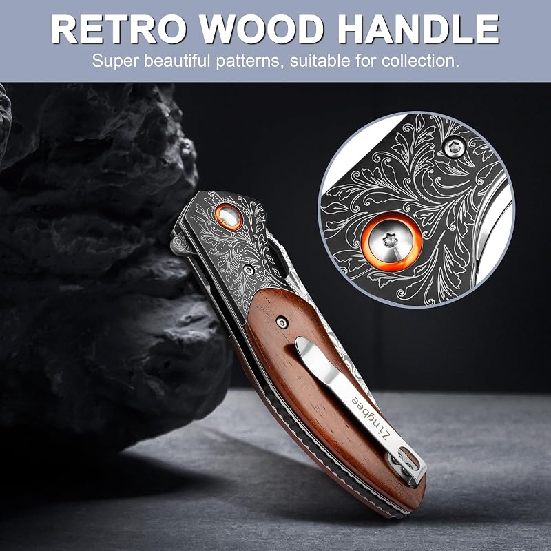 Damascus Pocket Knife with Rosewood Handle & Leather Sheath - 8.07in, DMPH