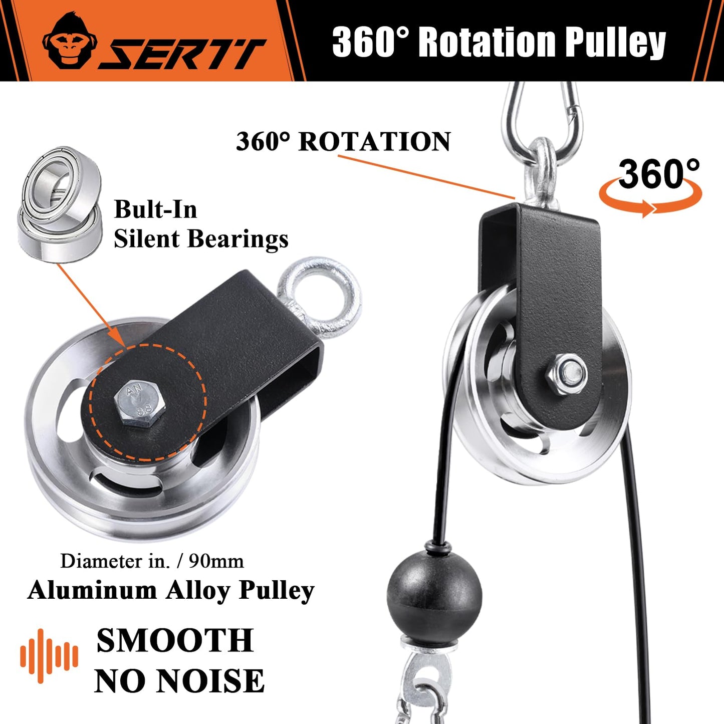 SERTT [1 Pack] Cable Pulley Wheel for Home Gym Pulley System, Upgraded 90mm Aluminium Alloy Gym Pulley for Maximum 660LBS Load