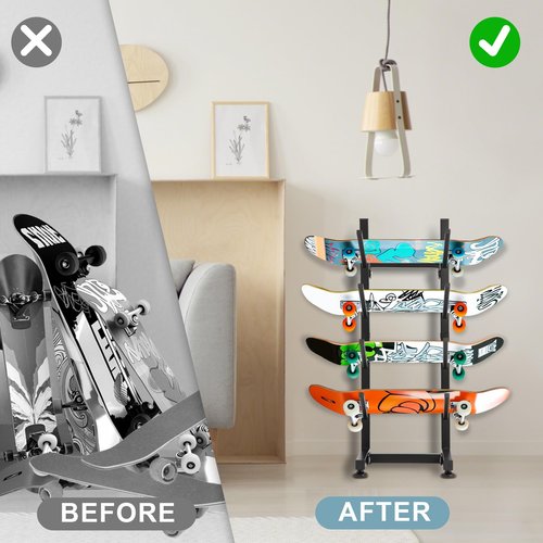 BiJun Skateboard Racks Floor Stand, 4-Layer Skateboard Holder,Snowboard Storage Rack, Skateboard Organizer Floor Stand for Deck, Longboard, Snowboard, Standard Skateboards, Mini Cruiser Skateboard