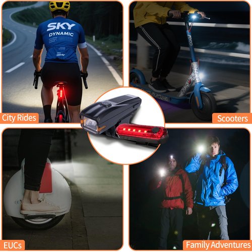 KunHe 2 Pack 227Lumens 1600mAh Bike Light Set Rechargeable Front & Rear Bicycle Lights with IPX5 Waterproof 4 Modes for Night Cycling