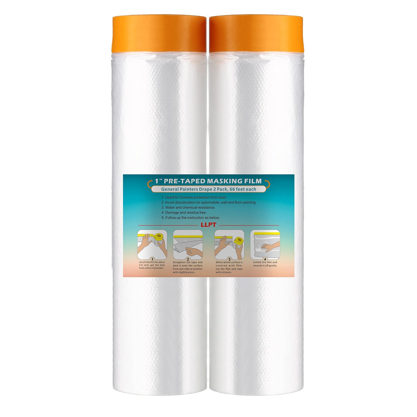LLPT Tape and Drape 78.7”(Unfolded) x 66 Ft Each 2 Pack Pre-Taped Masking Film 0.27 Mil Painters Plastic Drop Cloth for Auto Wall Furniture Painting Dust Protection (MFT2002)