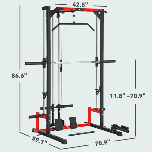 Soozier Power Cage Smith Machine, Multi-Function Power Rack with Pull Up Bar, LAT Pull Down System, Squat Rack, Barbell Bar, Landmine, Plate Storage Posts, for Home Gym