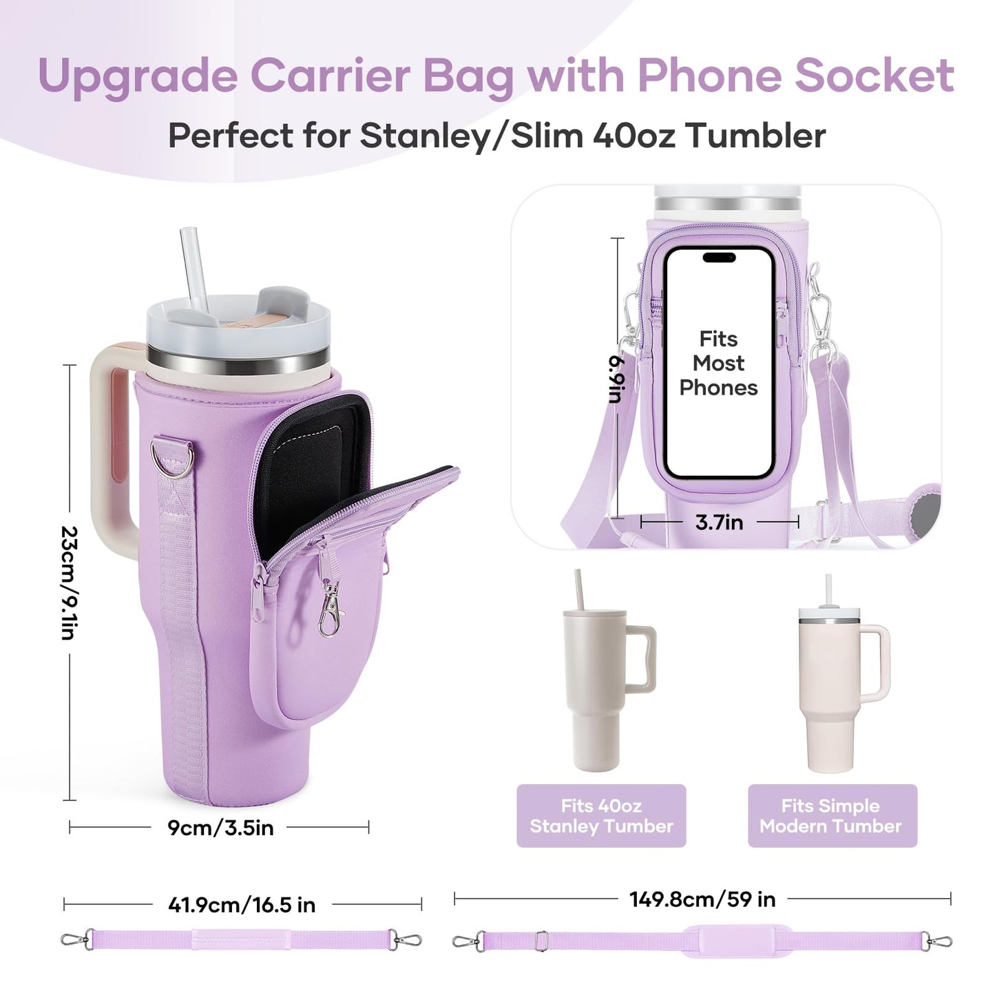 linmaya Water Bottle Carrier Bag for Stanley Cup 40/30oz with Phone Holder Pockets,Neoprene Water Bottle Cross-body Bag with Adjustable Shoulder & Hand Strap Stanley Cup Accessories