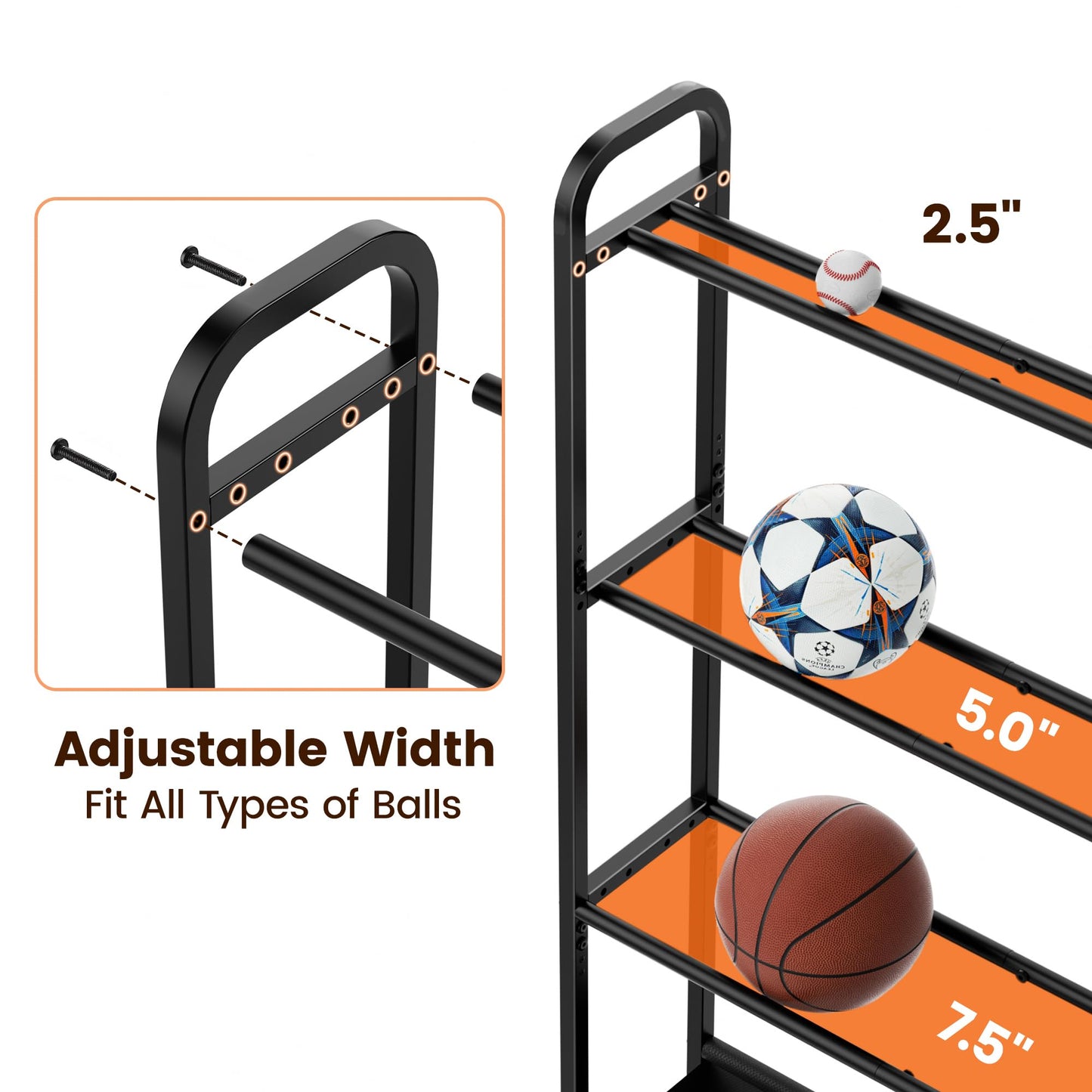 Josmimic Adjustable Basketball Rack with Wheels, 4-Tier Sports Ball Storage Cart for Basketball Football Volleyball Soccer & More, Holds up to 20 Balls