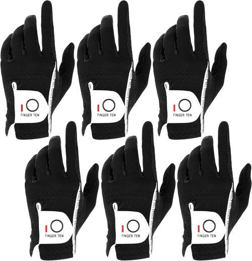 FINGER TEN Golf Gloves Men Right Left Handed Golfer Mens Glove RainGrip Hot Wet Weather Value 6 Pack, All Weather in Black X-Large (Black, Medium/Large, Left)