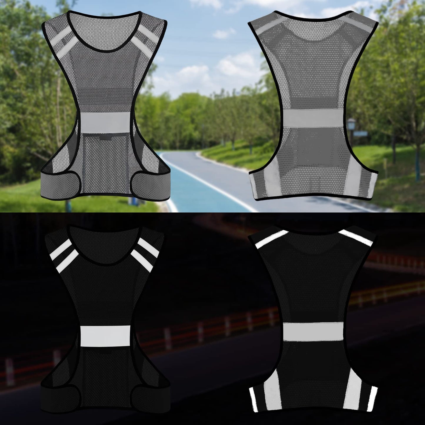 TCCFCCT Reflective Running Vest with Large Pocket, High Visibility Vest for Men Women, Lightweight Running Gear for Motorcycling, Cycling, Jogging, Night Walking, Climbing, Grey