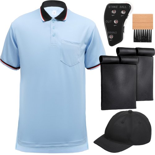 ShinyMatch 6 Pcs Baseball/Softball Umpire Accessories Set Including Umpire Shirt Hat Indicator Brush Ball Bag for Men Referee (Sky Blue,X-Large)