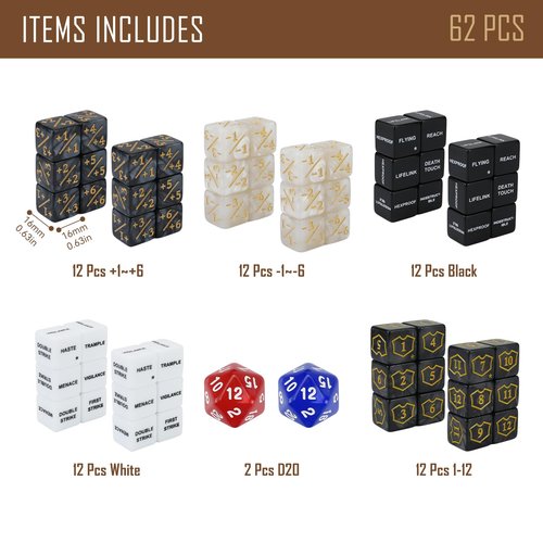 62PCS MTG Dice Counters Bulk Ability Keywords MTG Tokens Shield Life Counter Dice Set for Magic Card Accessories, Compatible with TCG Card Game Accessories CCG Creature Stats